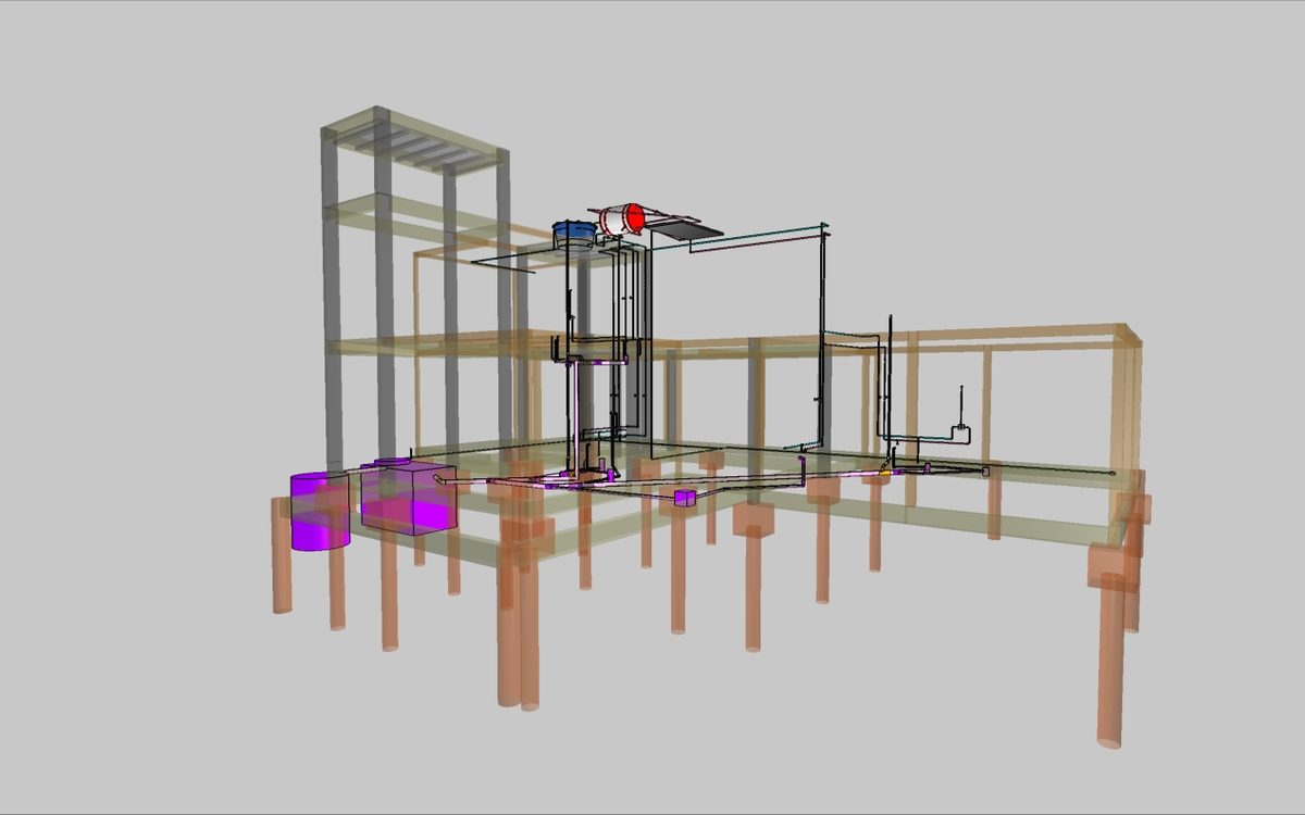 Modelo 3D com estrutura e tubulações hidrossanitárias sobrepostas